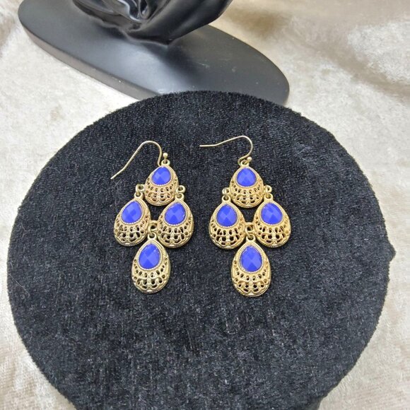 Antique-Style Gold & Blue Teardrop Dangle Earrings - Picture 4 of 5